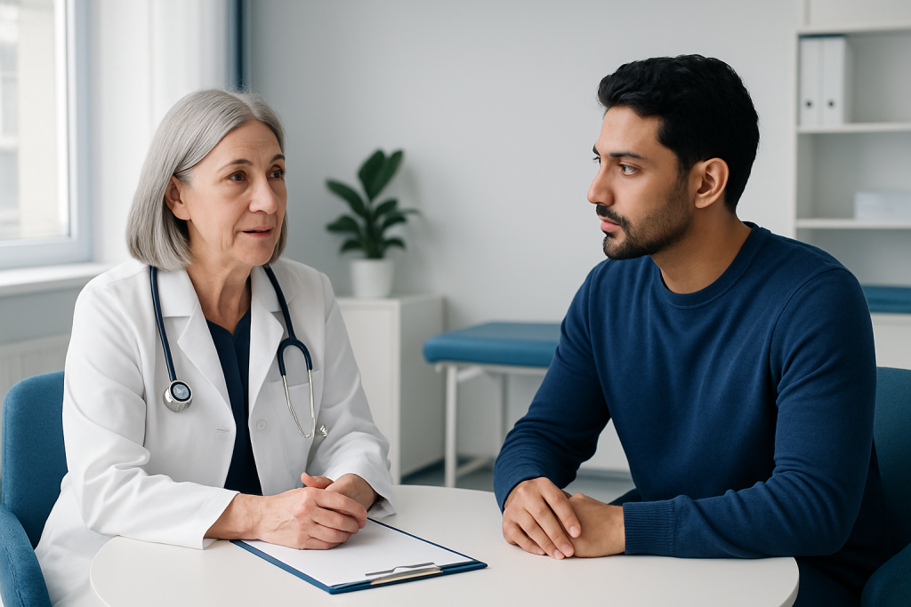 Doctor consulting with a patient in a medical office setting.