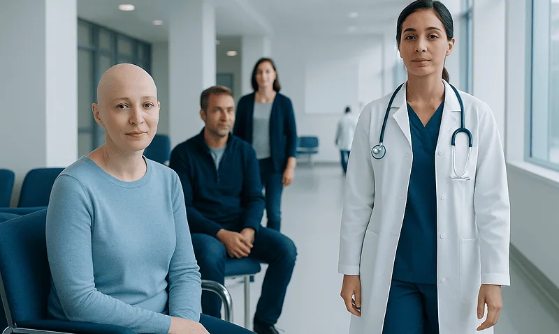 Medical consultation with a doctor and patients in a hospital corridor.