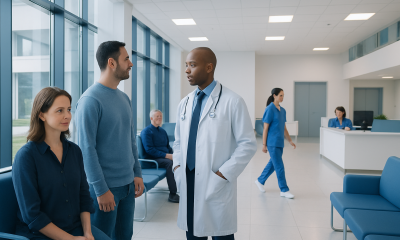 Patients consulting with a doctor in a modern hospital waiting area.