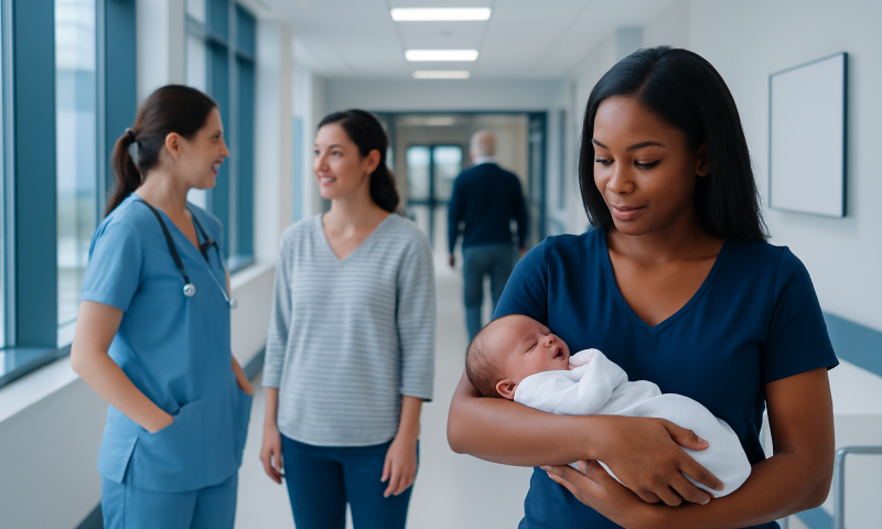 New mother holding her newborn in hospital corridor with medical staff nearby.