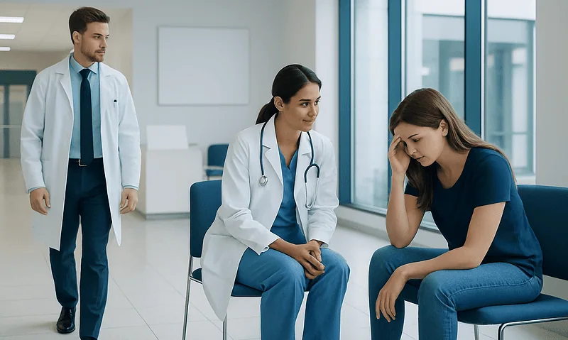 Doctor consulting a young woman in a hospital waiting area.