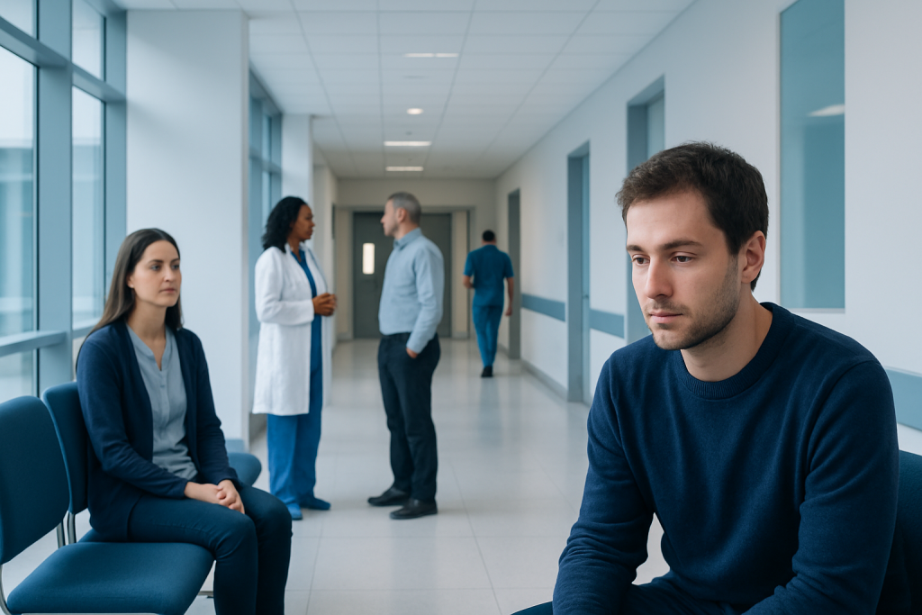 Schizotypal — Explained by Medical Evidence, Not Myths 1 Patient waiting in hospital corridor with medical staff in background.
