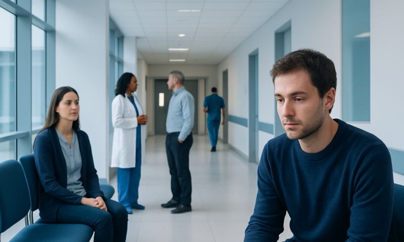 Patient waiting in hospital corridor with medical staff in background.