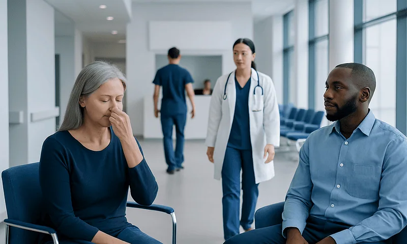 Patient experiencing smell loss in a hospital waiting area.