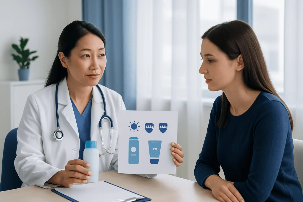 Doctor explaining sunscreen types to a patient in a consultation room.