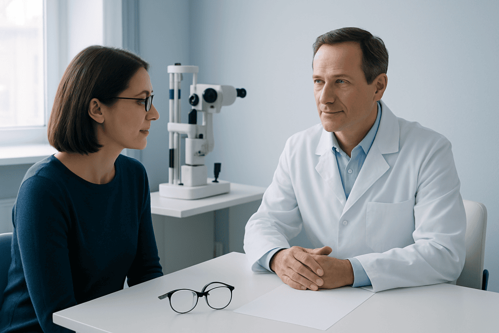 Optometrist consulting with patient in a modern clinic setting.