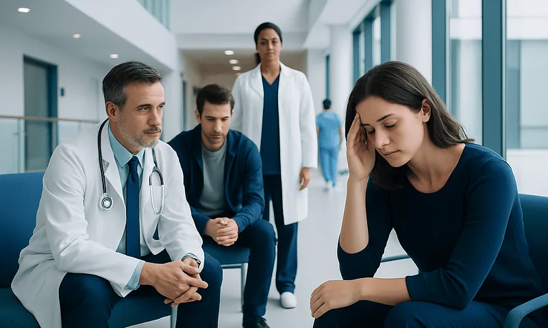 Stress and Anxiety: An Evidence-Based Guide for Patients 6 Young woman experiencing stress during medical consultation at hospital.