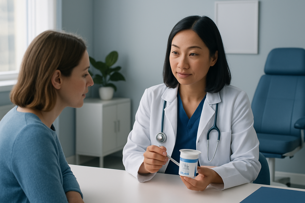 Doctor explaining yogurt benefits to a patient in a clinic setting.