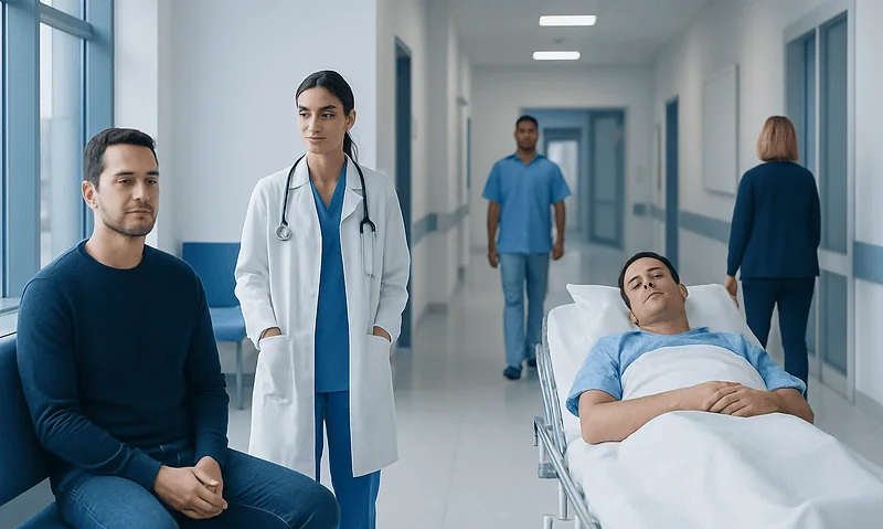 Hospital corridor with patient and medical staff in Turkey.