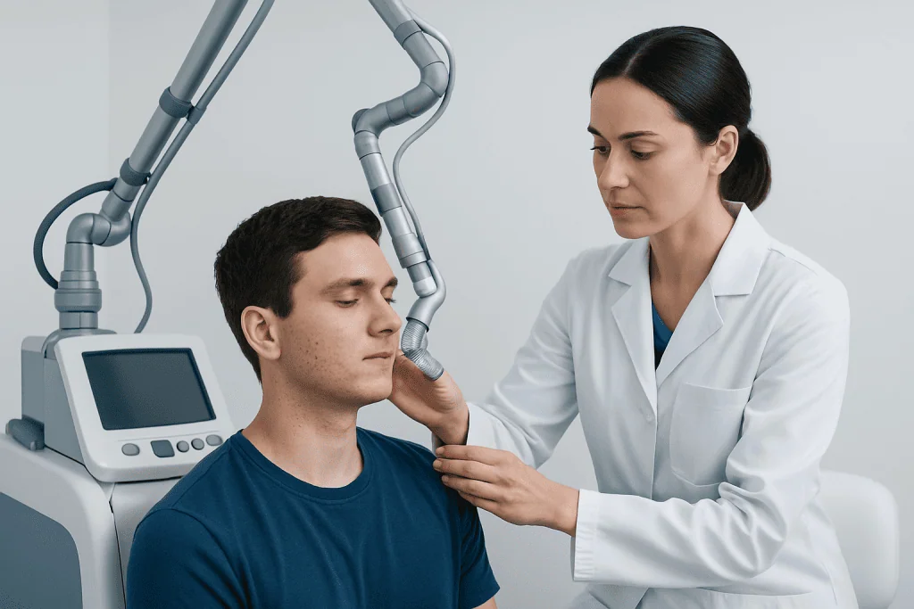Medical professional performs skin treatment on patient at clinic.