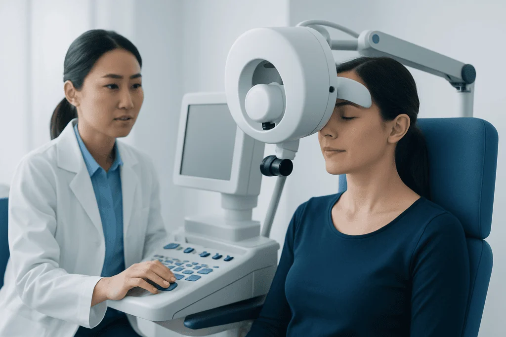 Patient undergoing eye examination with specialized equipment at Acibadem Hospital.