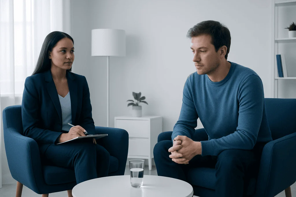 Therapist and patient in a counseling session at Acibadem Hospitals Group.