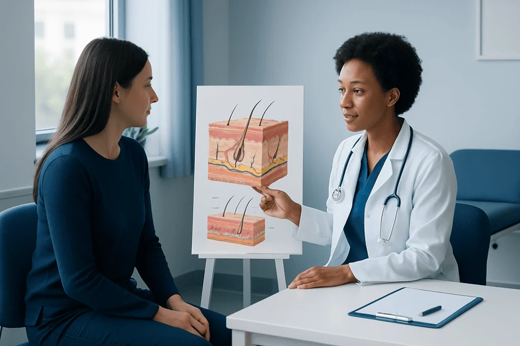 Doctor explaining skin layers to patient in a medical consultation.