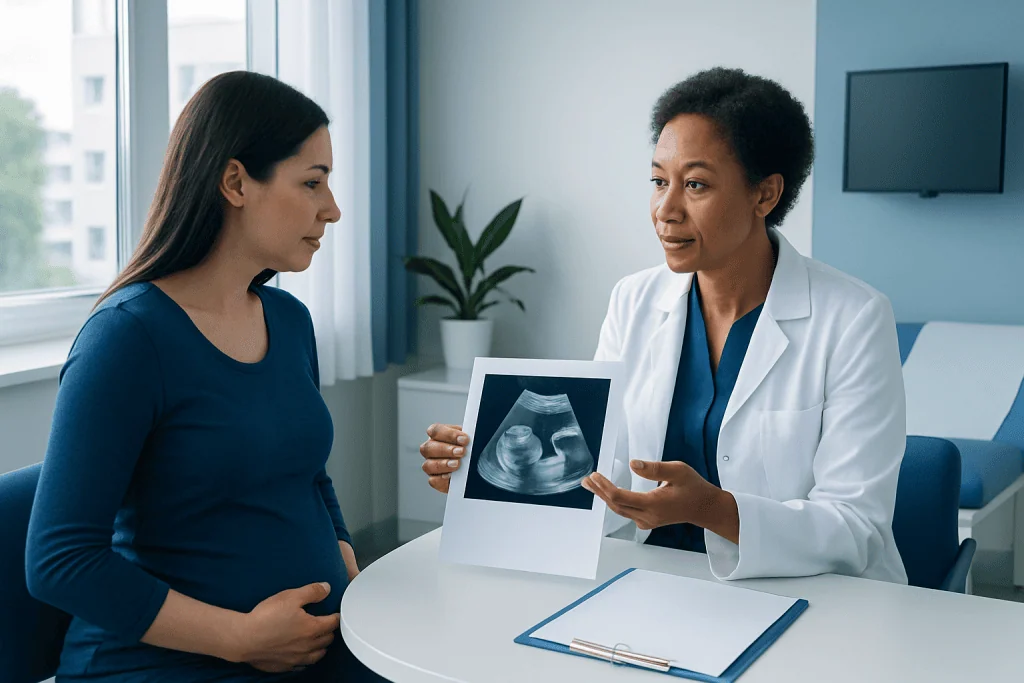 Doctor explaining ultrasound scan to pregnant woman in clinic.