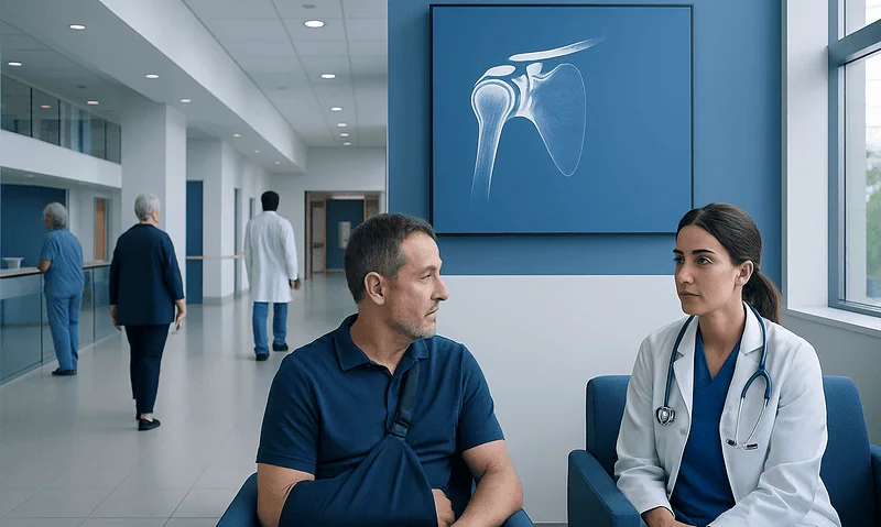 Doctor consulting patient in hospital corridor with shoulder X-ray on screen.