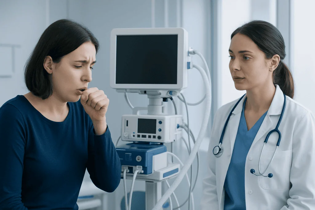 Patient coughs in a medical consultation at Acibadem Hospital.