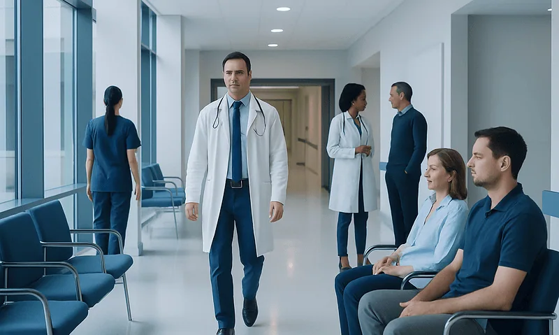 Medical professionals and patients in a hospital corridor at Acibadem Hospitals Group.