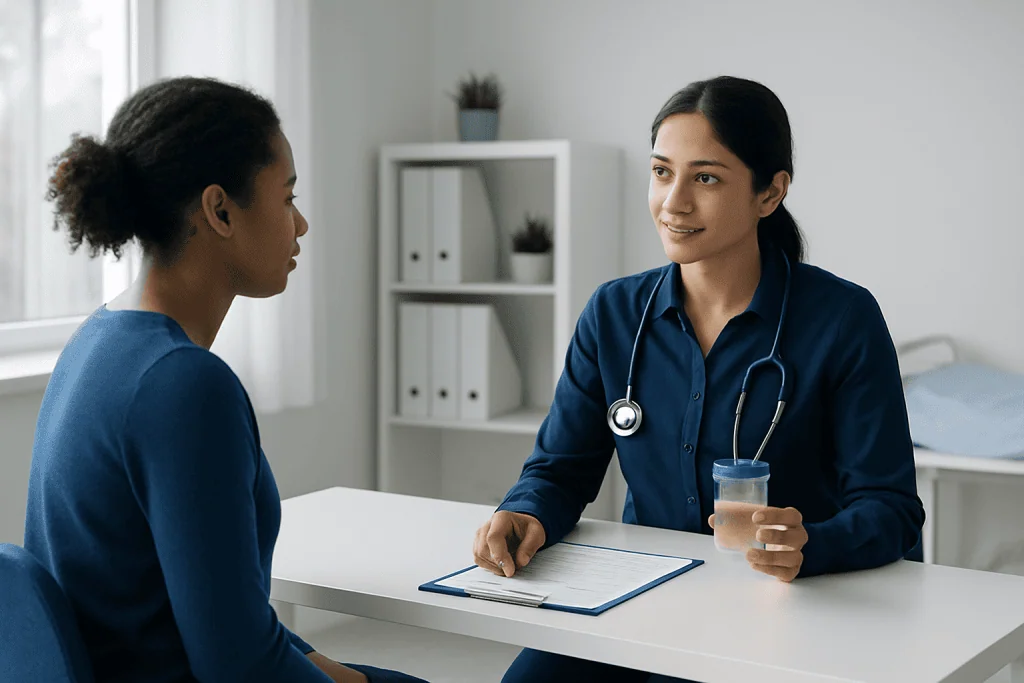 Doctor consulting with patient about urinalysis in a medical office.