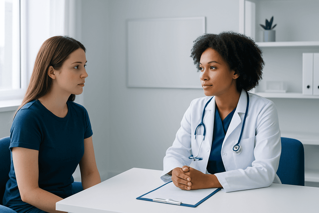 Doctor consulting with a young female patient in a modern clinic.