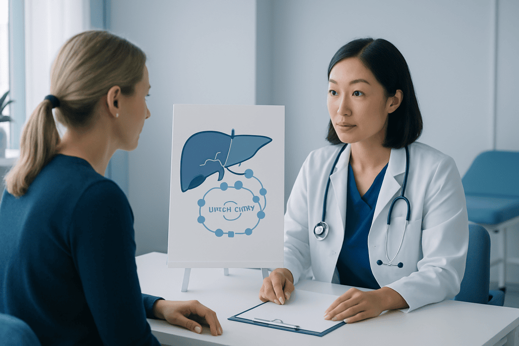 Doctor explaining urea cycle to patient in a medical consultation.