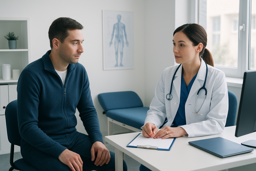 Doctor consulting with a male patient in a modern clinic room.