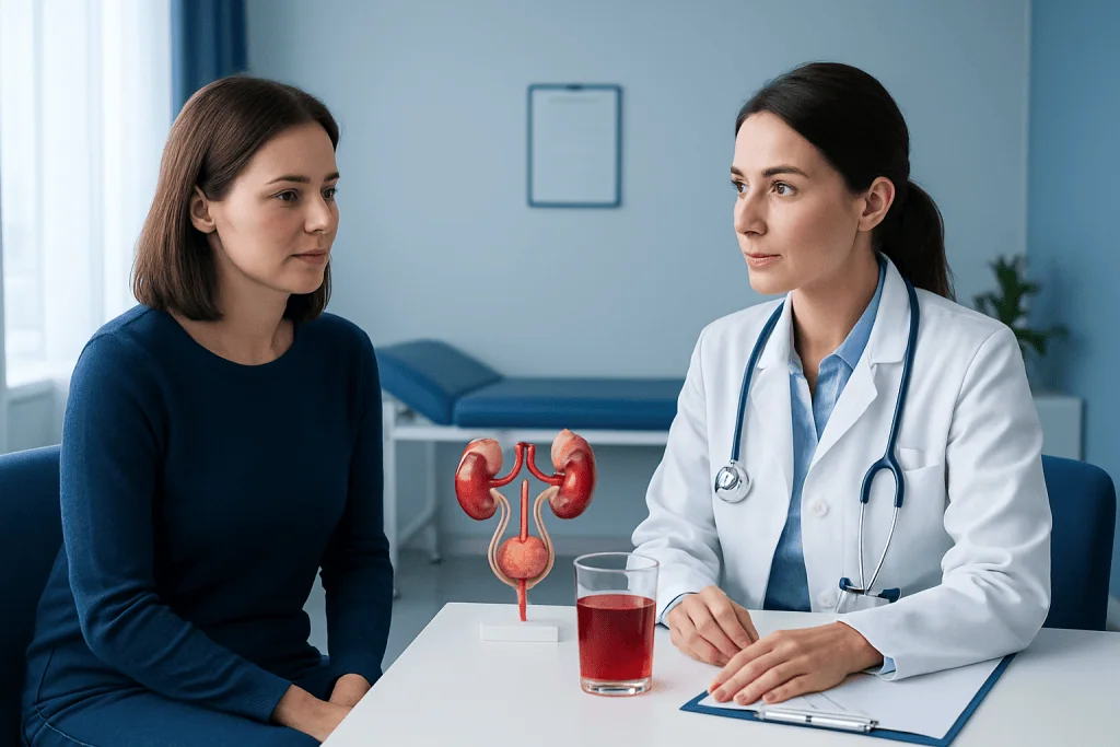 Doctor explaining kidney health to a patient in a medical consultation.