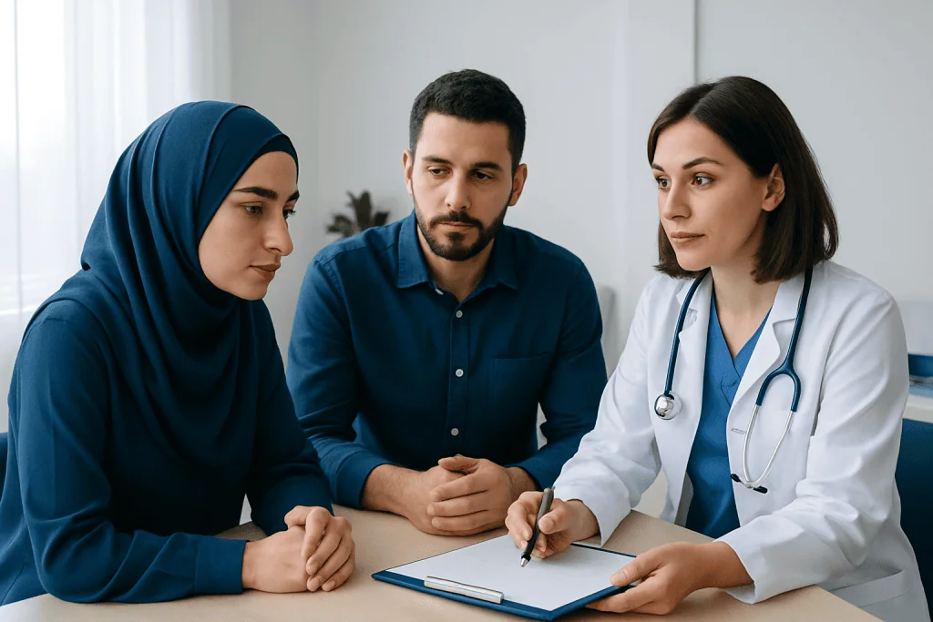 Medical consultation with diverse family members at a hospital in Turkey.