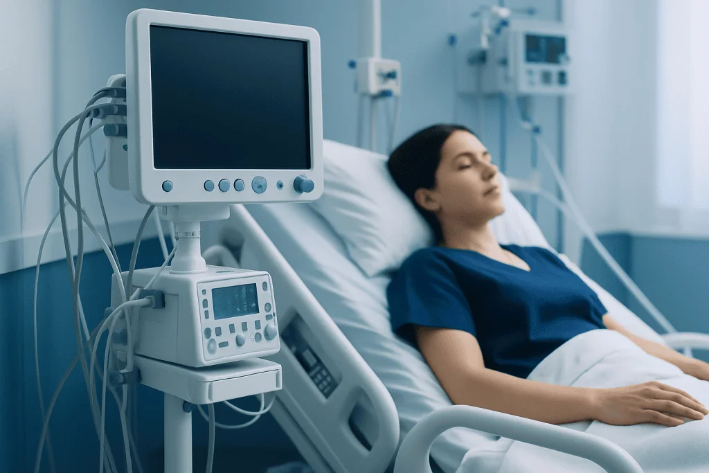 Patient resting in hospital bed with medical monitors nearby.