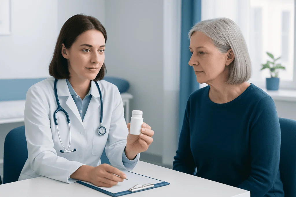Doctor explaining medication to an elderly patient in a clinic setting.