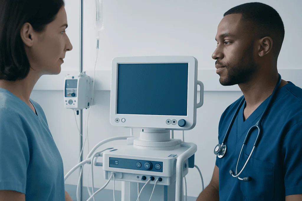 Medical professionals discussing patient care in a hospital setting.