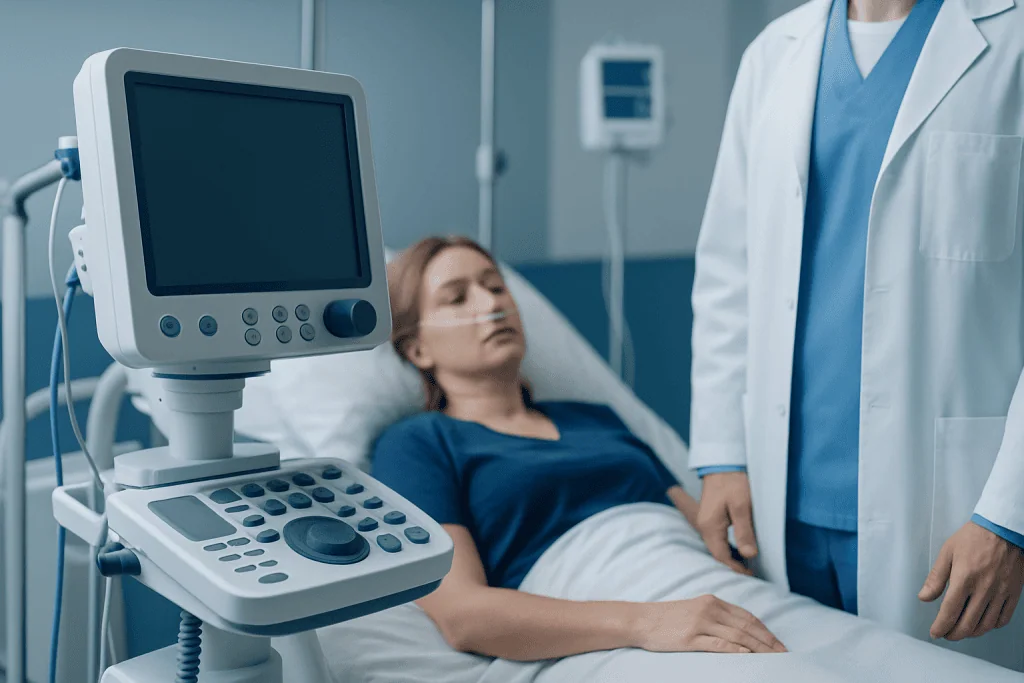 Hospital patient with medical monitor and doctor in a clinical setting.
