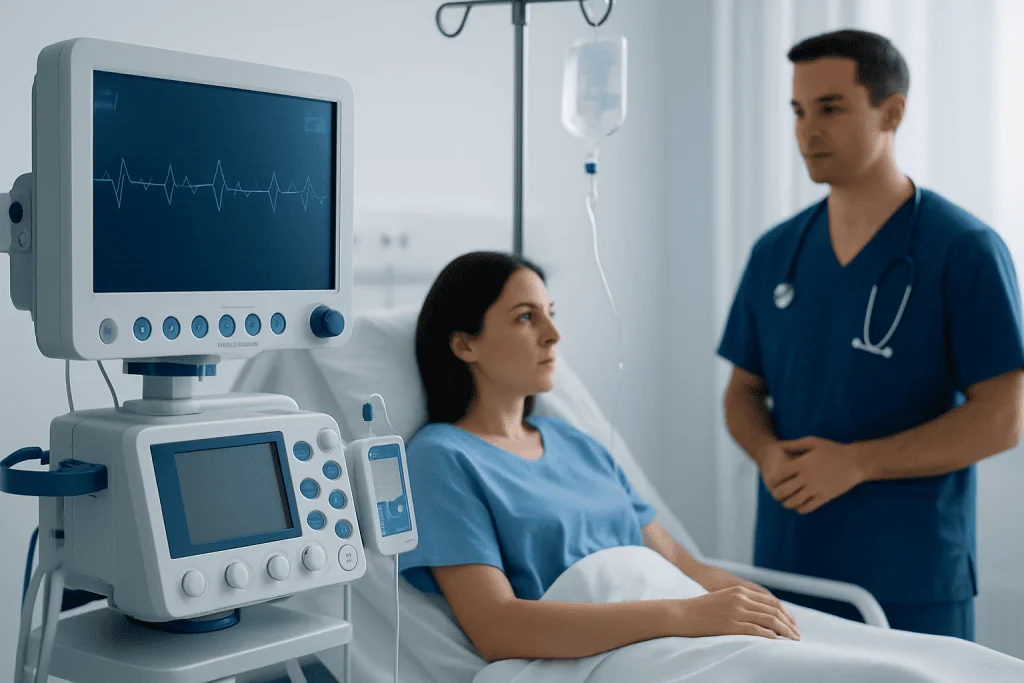 Hospital patient monitoring with medical staff in a clinical setting.