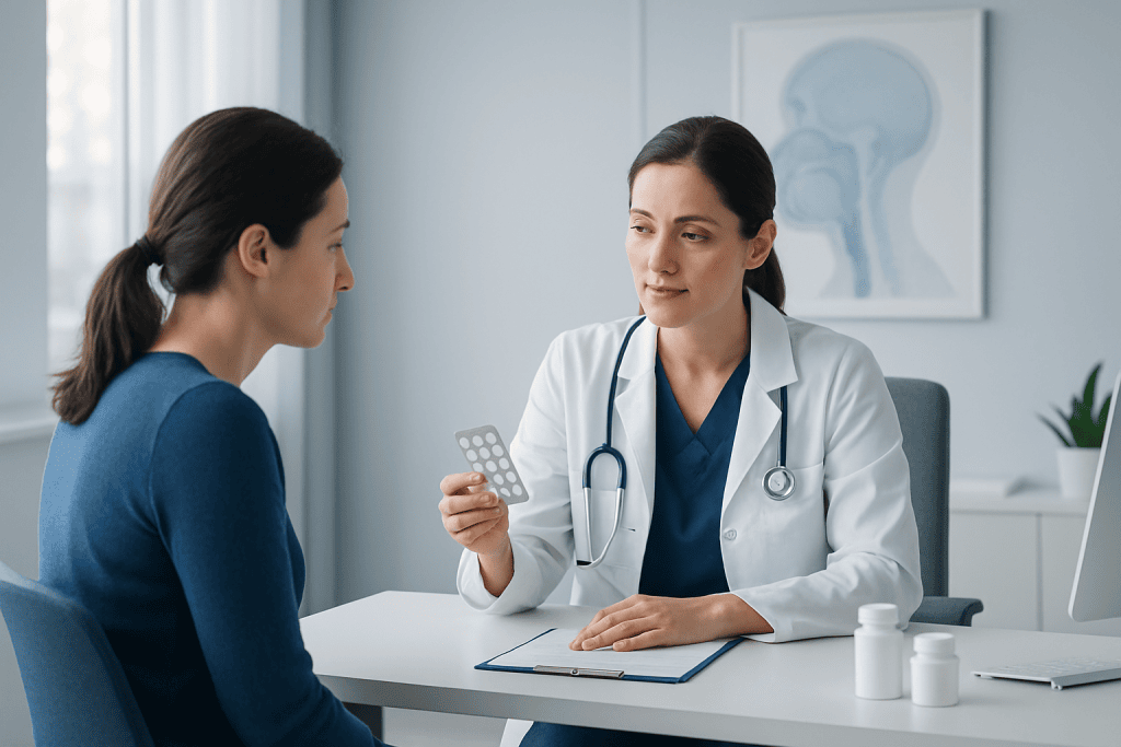 Doctor consulting with patient about sinusitis medication options.