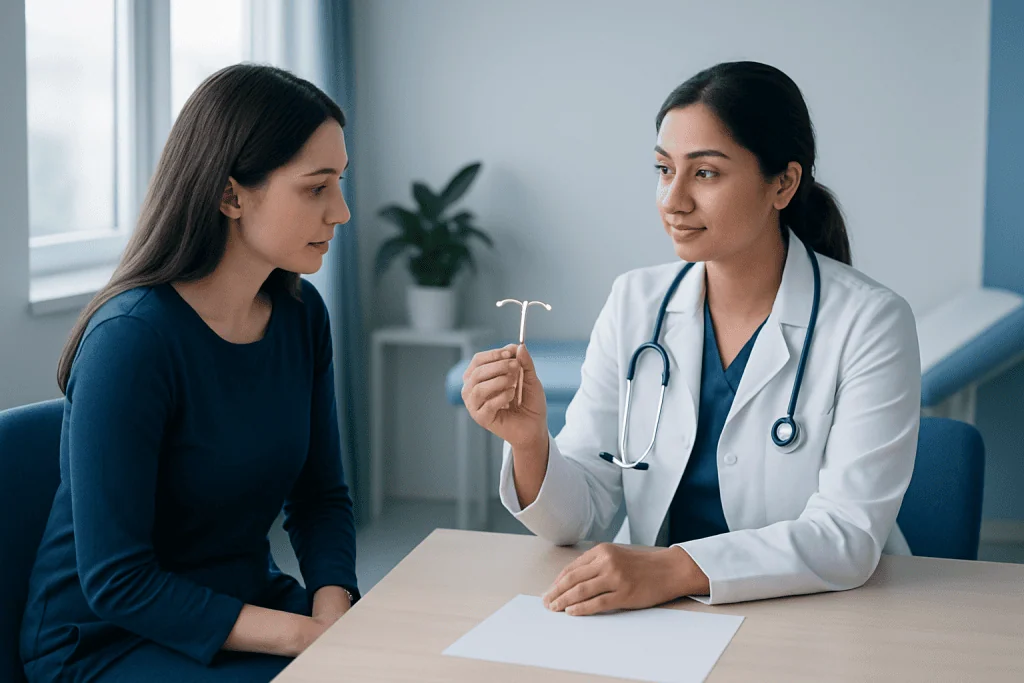 Doctor explains IUD side effects to patient in consultation room.