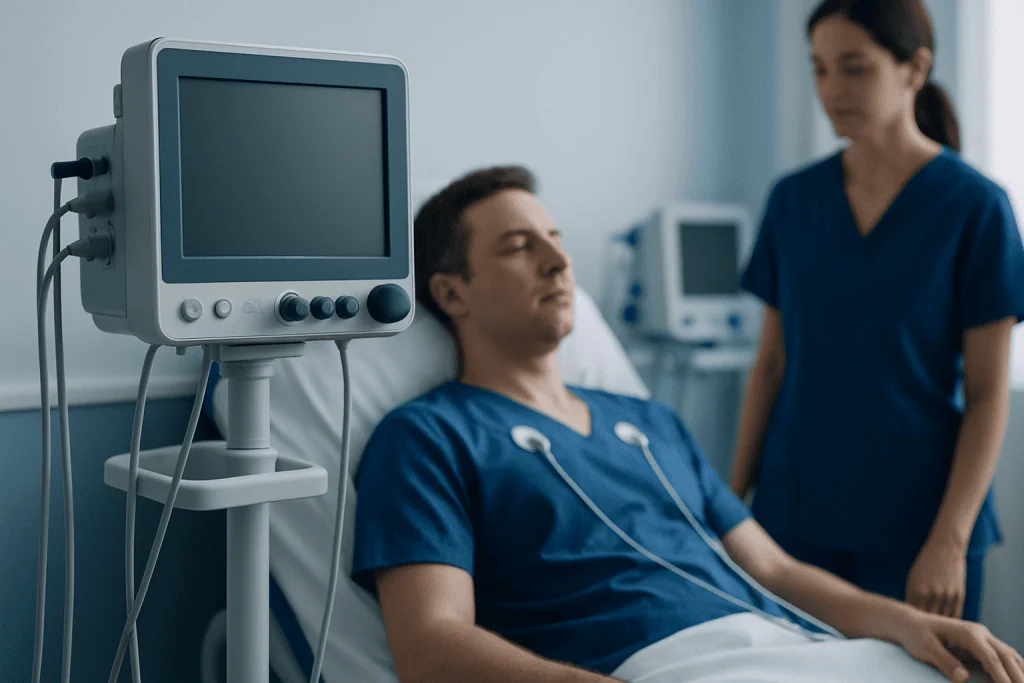 Patient in hospital bed connected to medical monitoring equipment.