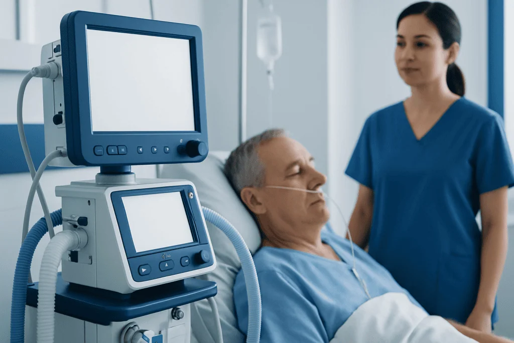 Hospital patient connected to medical ventilator with nurse nearby.