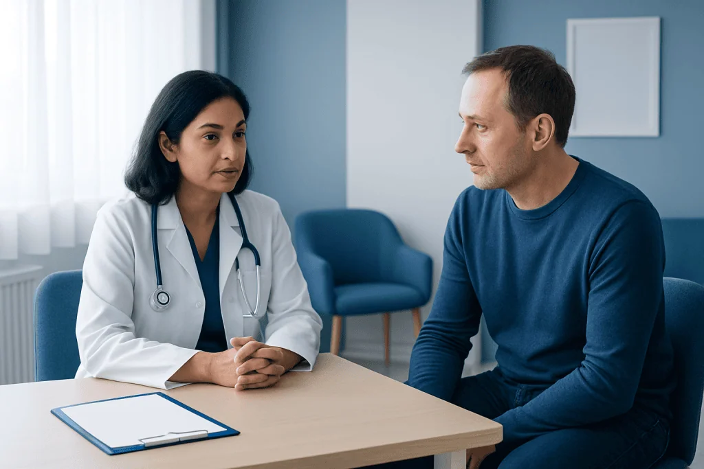 Doctor consulting with male patient in a medical office setting.