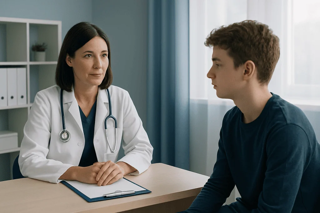 Doctor consulting with a young male patient in a medical office.