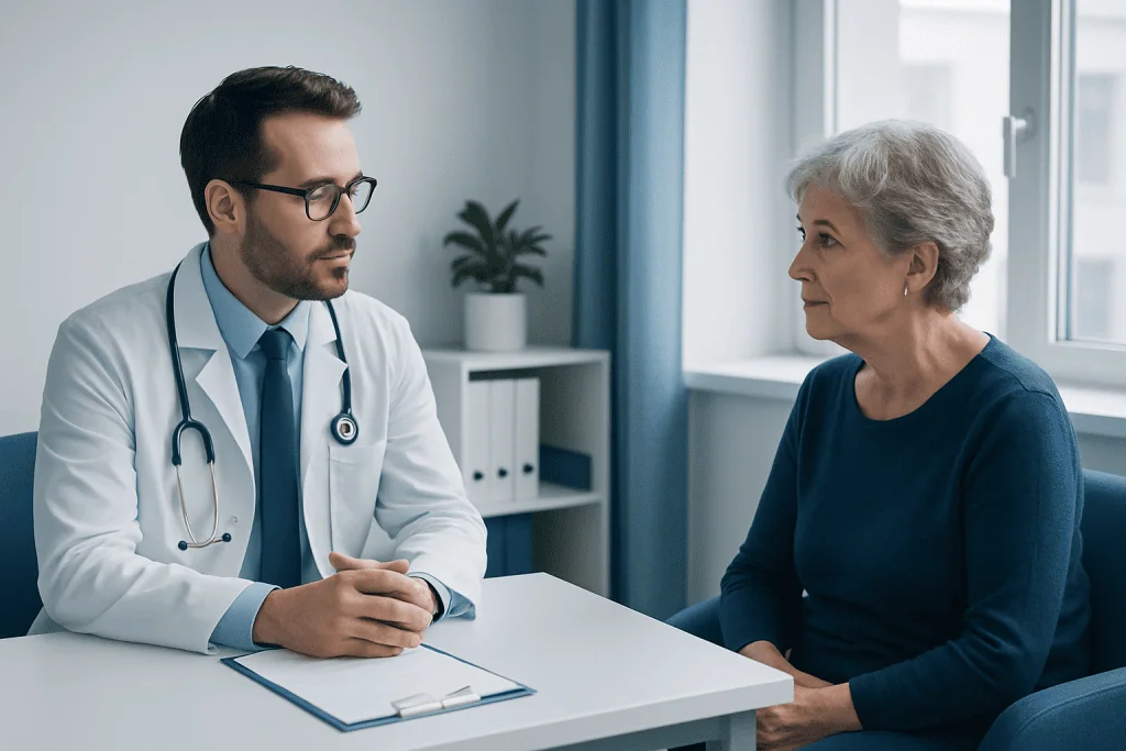 Doctor consulting with an elderly woman in a medical office.