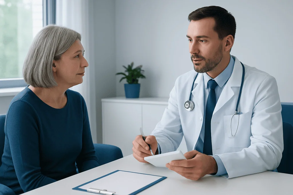 Doctor consulting with an elderly female patient in a medical office.