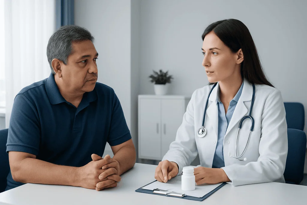 Doctor consulting with male patient in a medical office setting.
