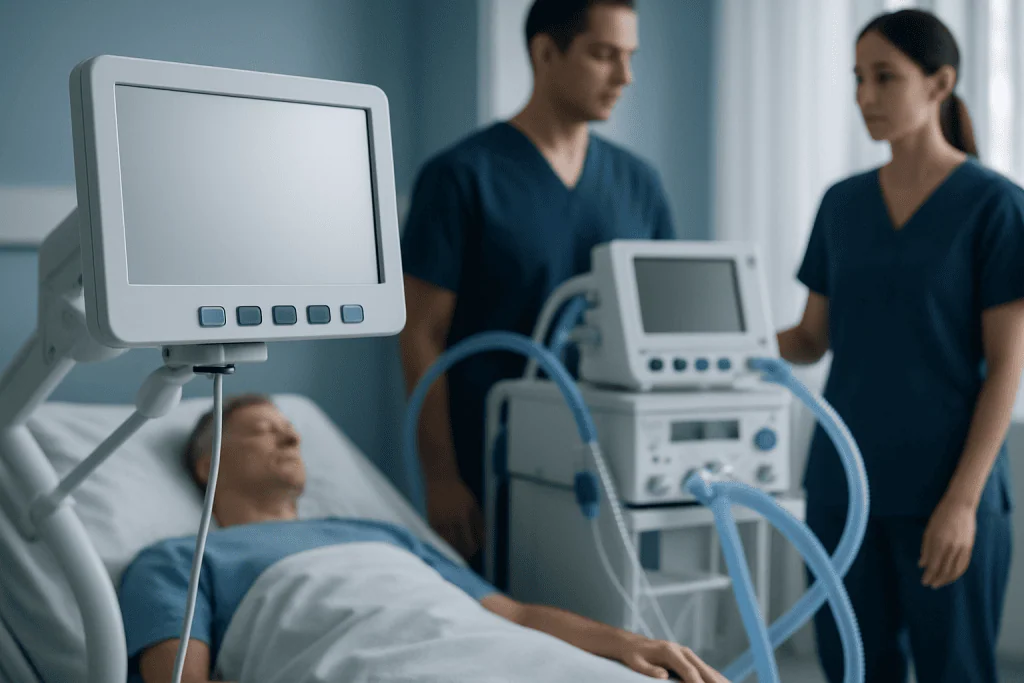 Hospital patient connected to medical ventilator with healthcare professionals nearby.