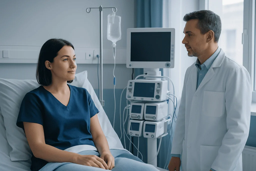 Doctor consulting patient in hospital room with medical equipment.