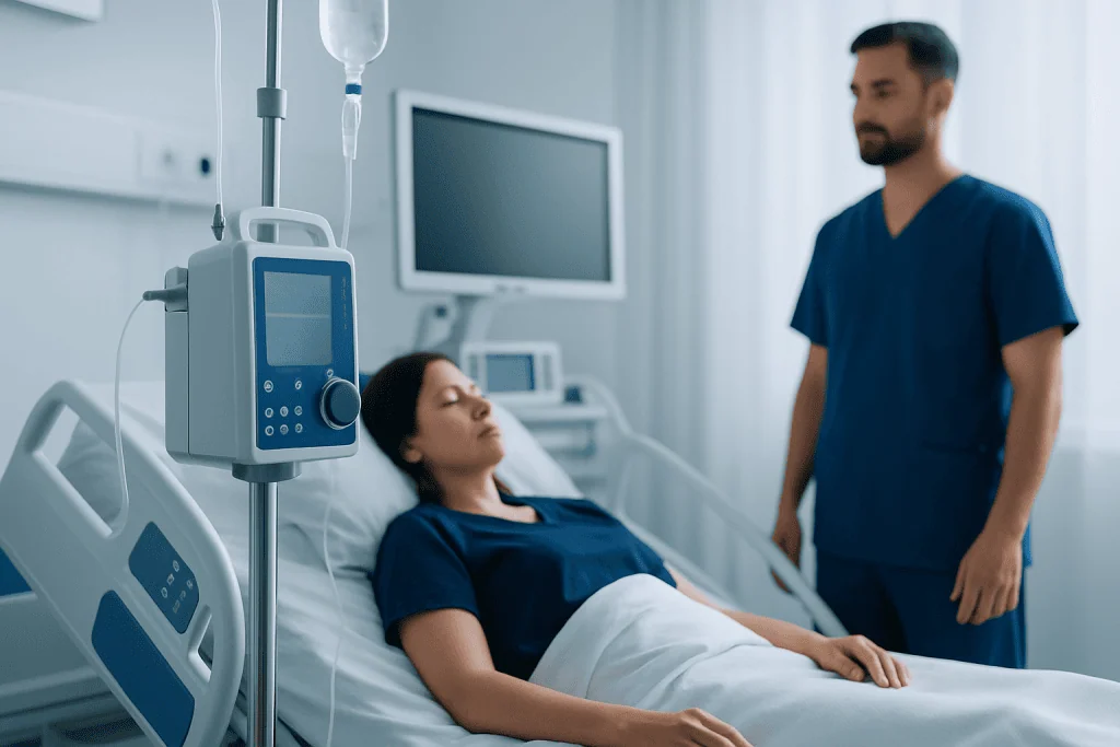 Hospital patient in bed with medical staff nearby in a clinical setting.