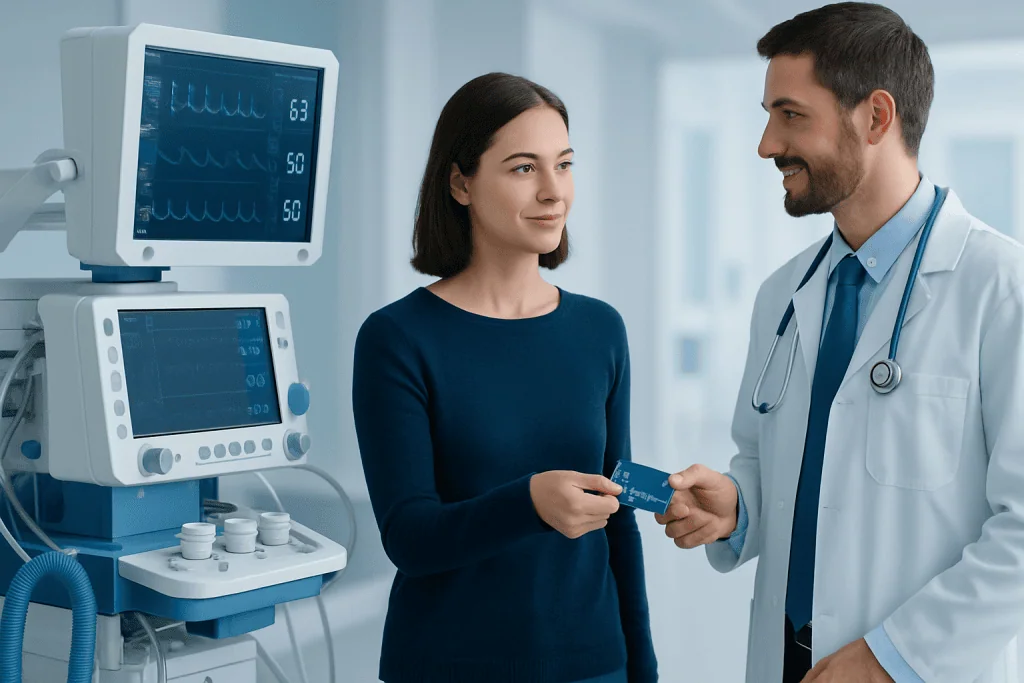 Doctor handing a card to a patient in a hospital room.