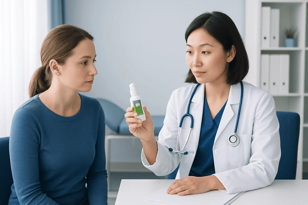 Doctor explaining tick repellent to patient in a clinic setting.