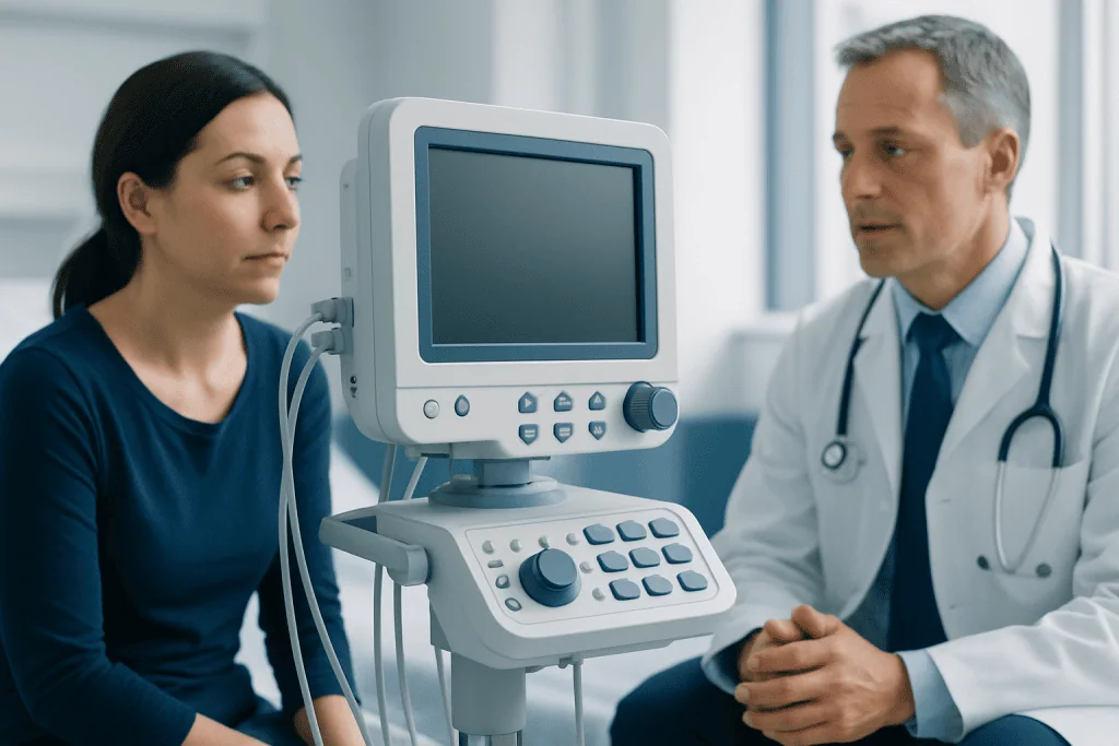 Doctor explaining medical results to a patient in a clinic setting.