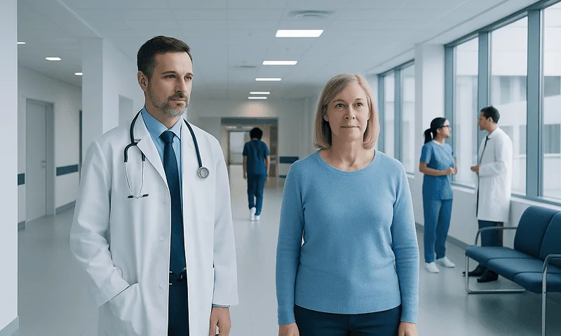 Doctor and patient in hospital corridor at Acibadem Hospitals Group.