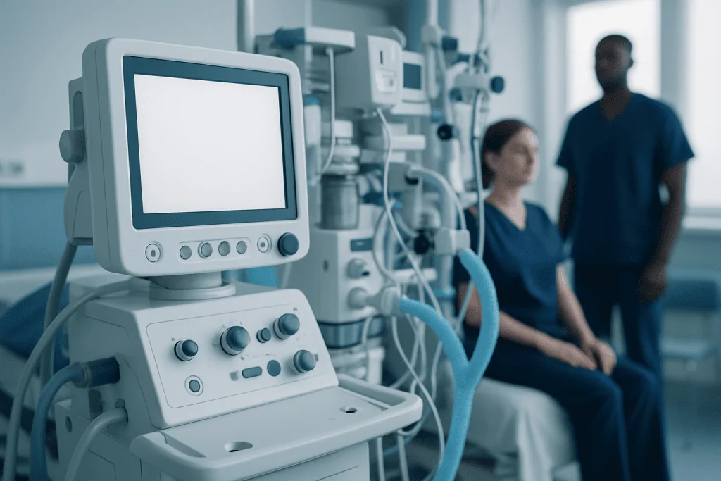 Medical monitoring equipment in a hospital room with healthcare professionals.
