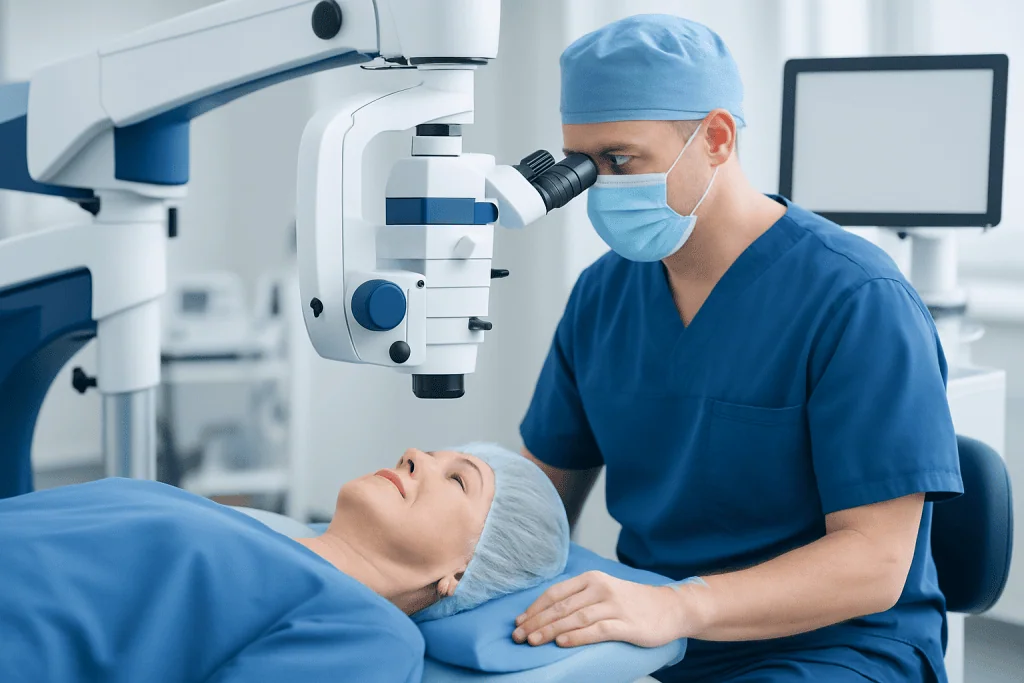 Surgeon performing cataract surgery with advanced microscope equipment.